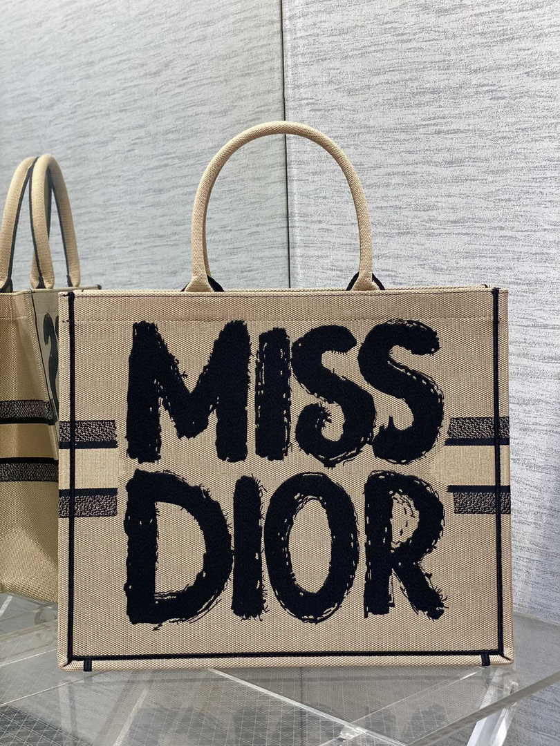 Large Dior Book Tote M1286 Beige and Black Miss Dior Graffiti Embroidery