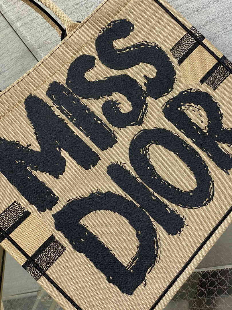 Large Dior Book Tote M1286 Beige and Black Miss Dior Graffiti Embroidery
