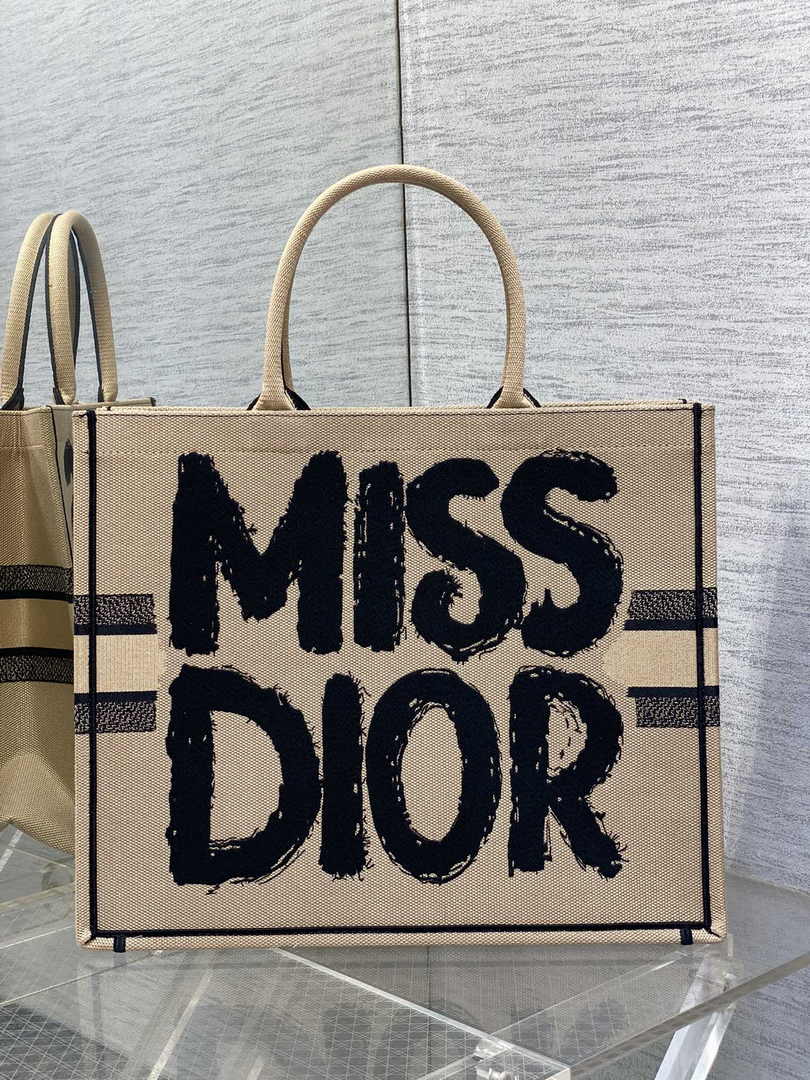 Large Dior Book Tote M1286 Beige and Black Miss Dior Graffiti Embroidery