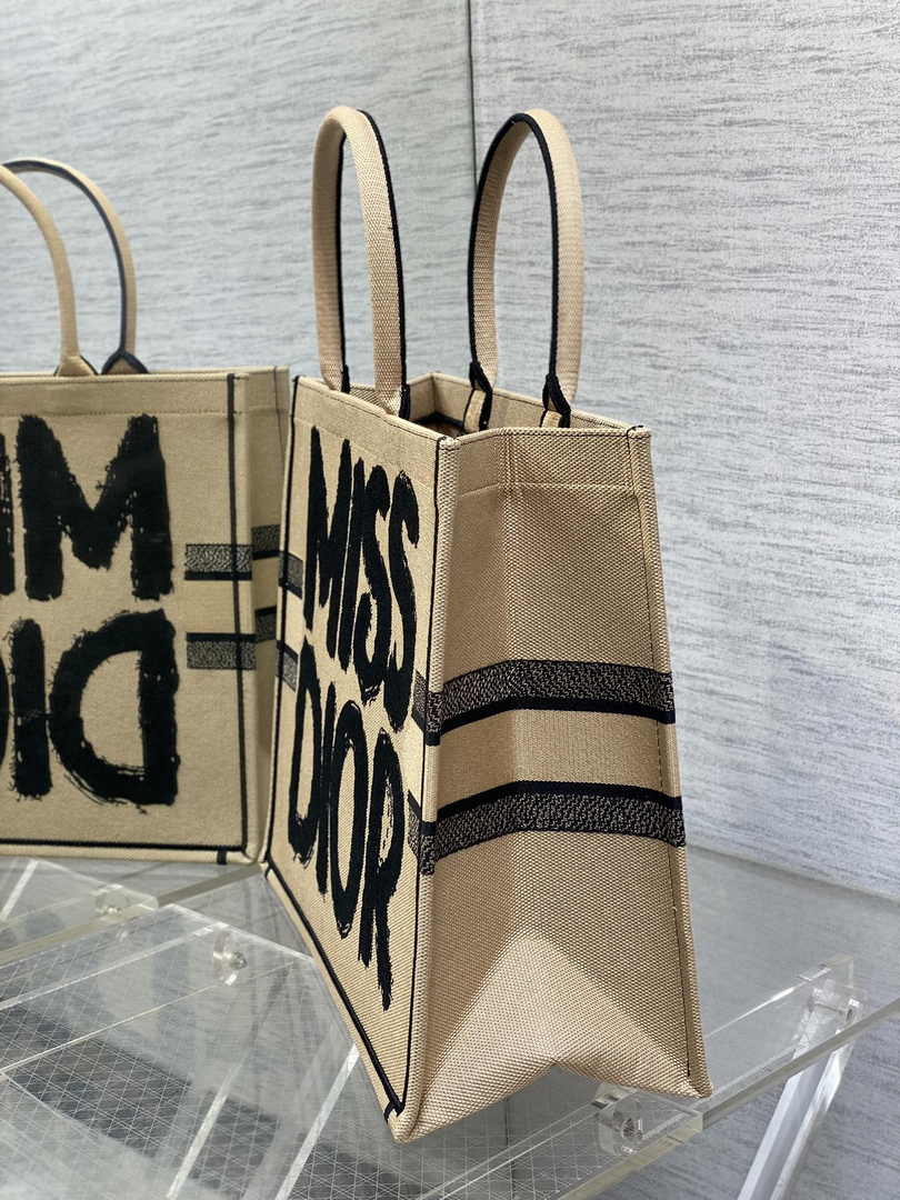 Large Dior Book Tote M1286 Beige and Black Miss Dior Graffiti Embroidery