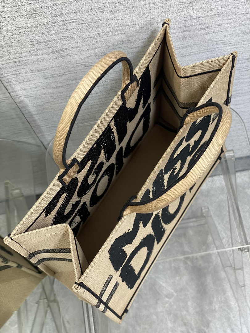 Large Dior Book Tote M1286 Beige and Black Miss Dior Graffiti Embroidery