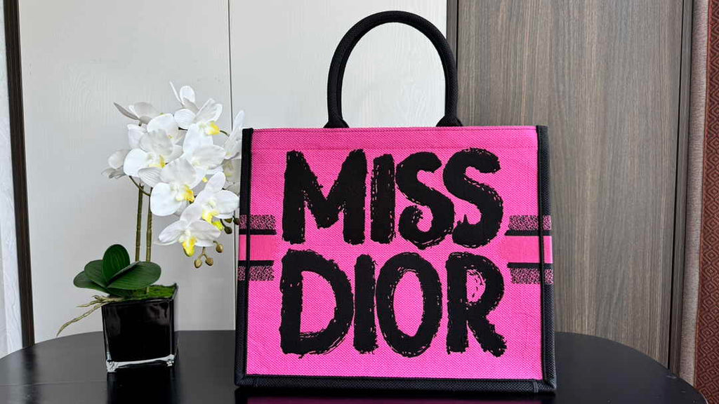 Large Dior Book Tote M1286 Two-Tone Fuchsia and Purple Miss Dior Graffiti Embroidery