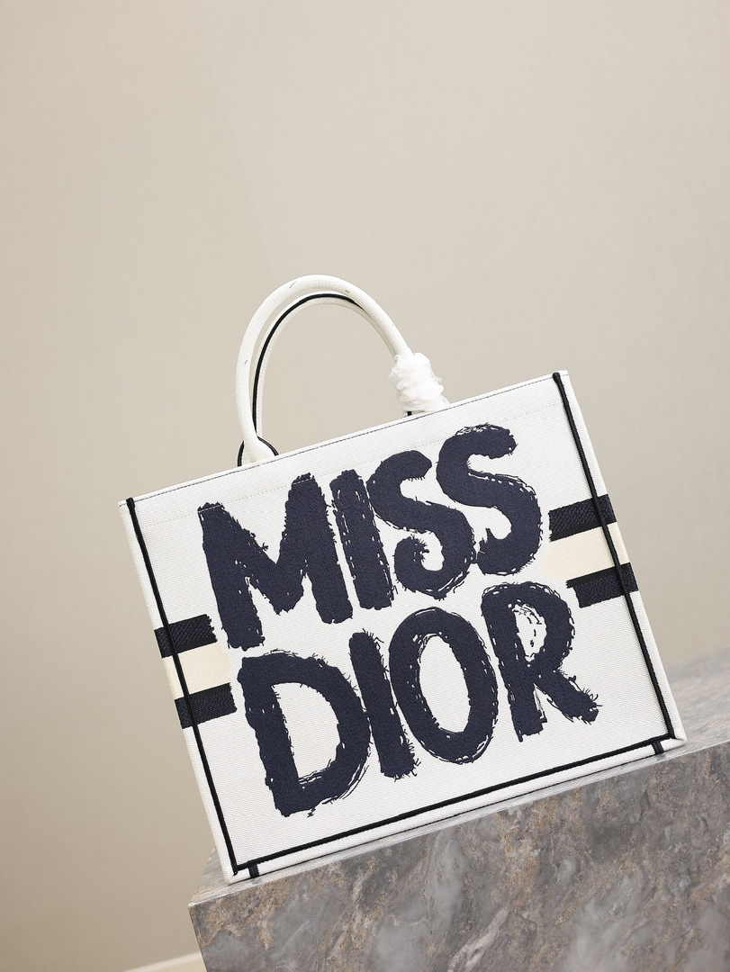 Large Dior Book Tote M1286 White and Blue Miss Dior Graffiti Embroidery