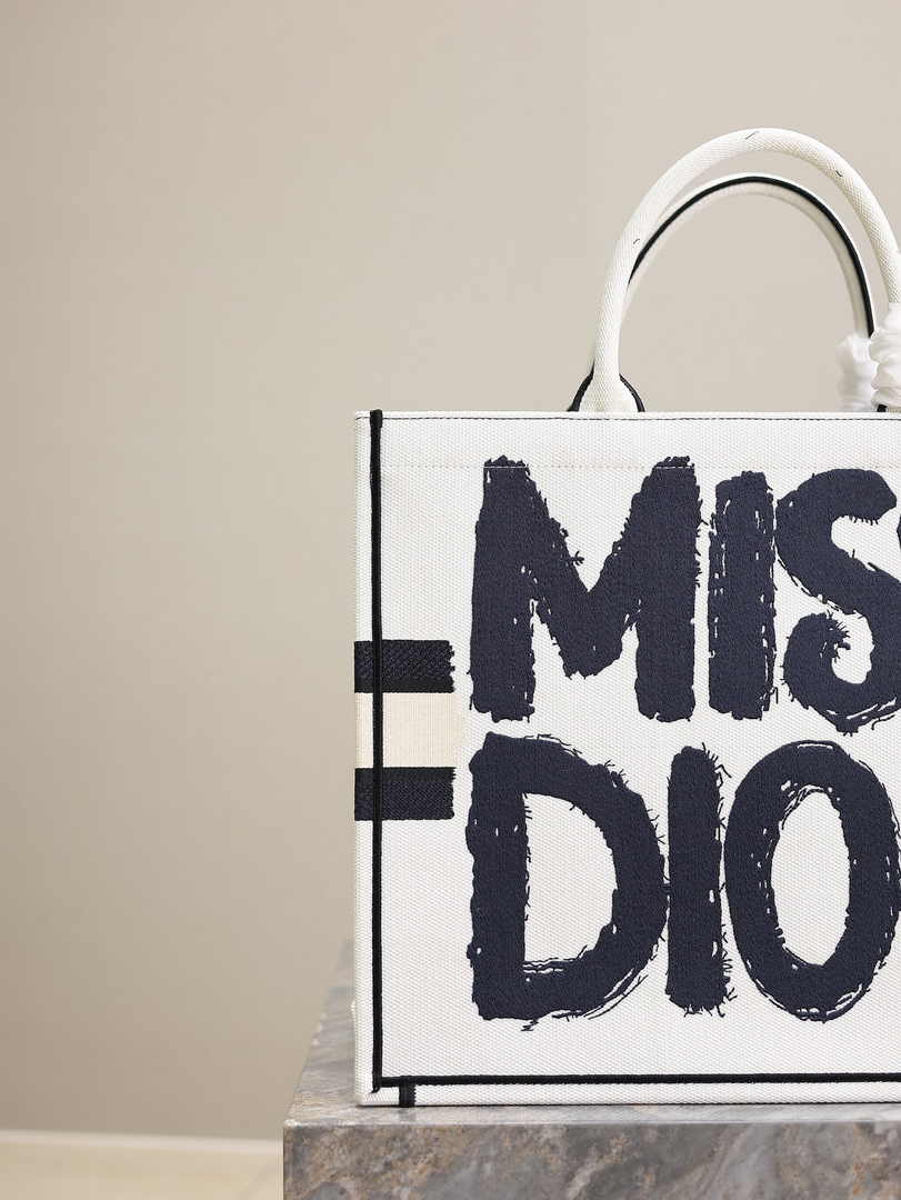 Large Dior Book Tote M1286 White and Blue Miss Dior Graffiti Embroidery
