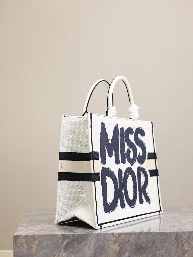 Large Dior Book Tote M1286 White and Blue Miss Dior Graffiti Embroidery