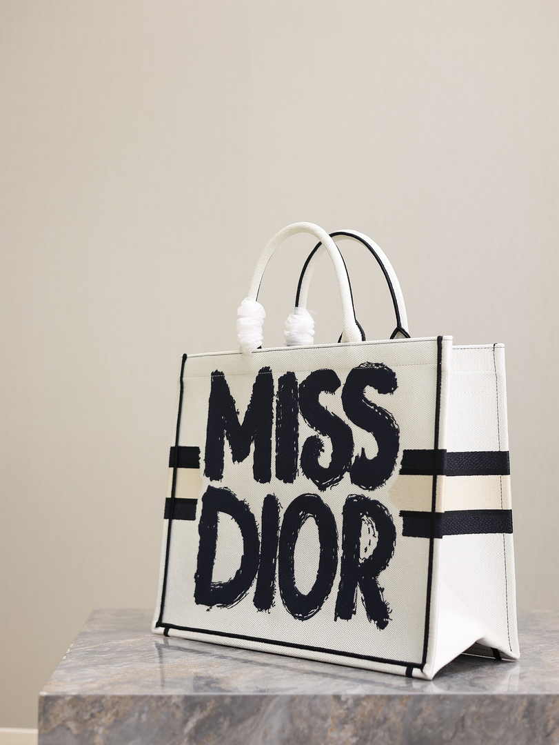Large Dior Book Tote M1286 White and Blue Miss Dior Graffiti Embroidery