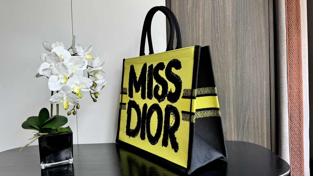Large Dior Book Tote M1286 Two-Tone Green and Blue Miss Dior Graffiti Embroidery