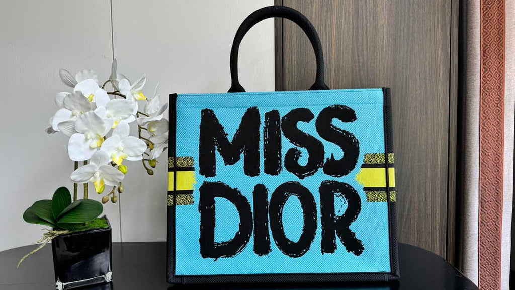 Large Dior Book Tote M1286 Two-Tone Green and Blue Miss Dior Graffiti Embroidery