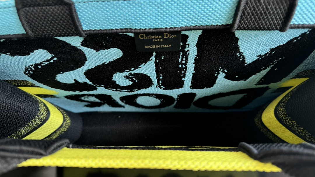Large Dior Book Tote M1286 Two-Tone Green and Blue Miss Dior Graffiti Embroidery
