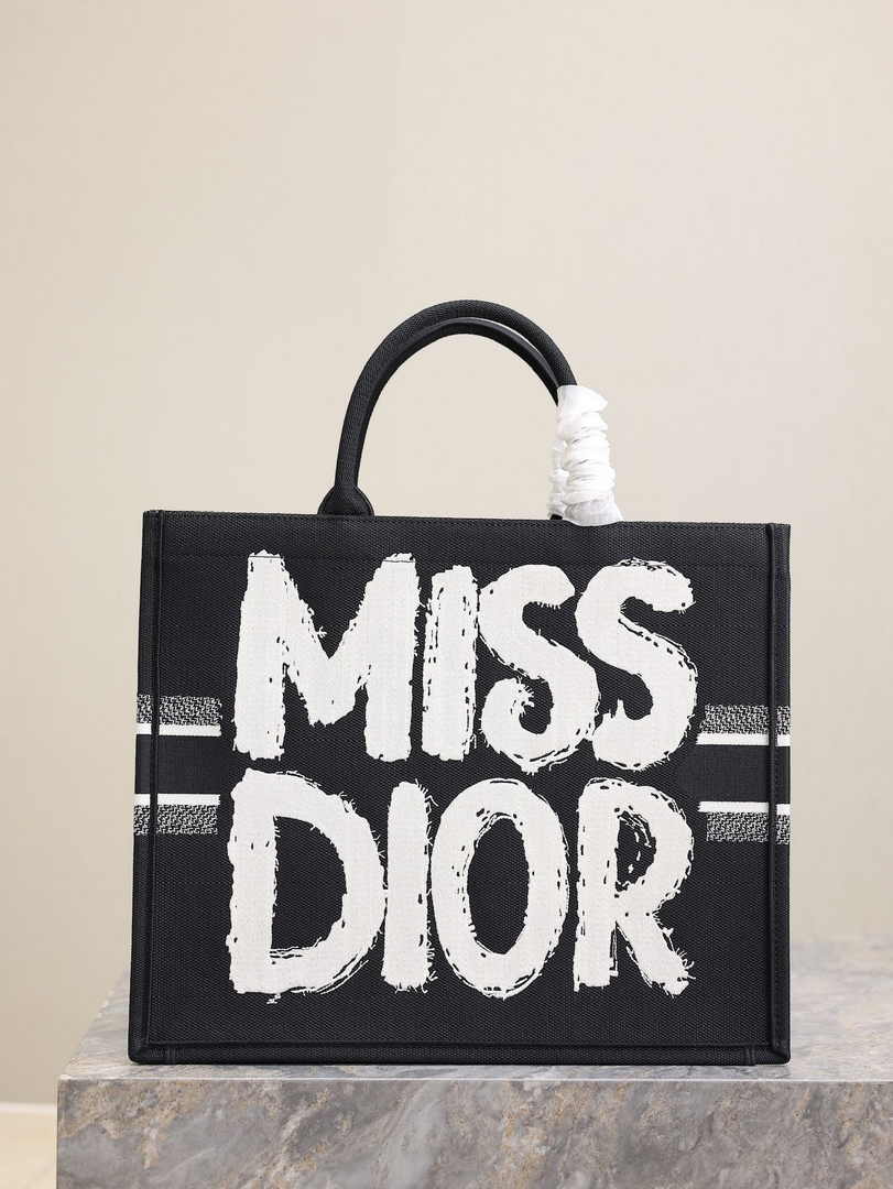 Large Dior Book Tote M1286 Black and White Miss Dior Graffiti Embroidery