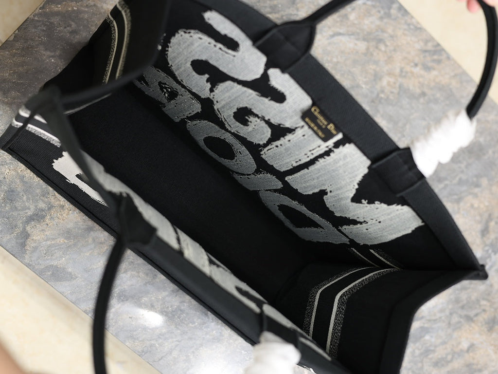 Large Dior Book Tote M1286 Black and White Miss Dior Graffiti Embroidery