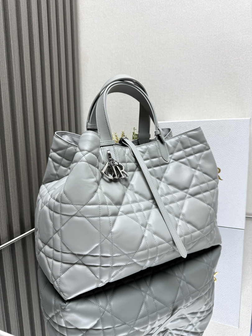 Large Dior Toujours Bag M2820 Gray Macrocannage Calfskin - Default Title - View 4