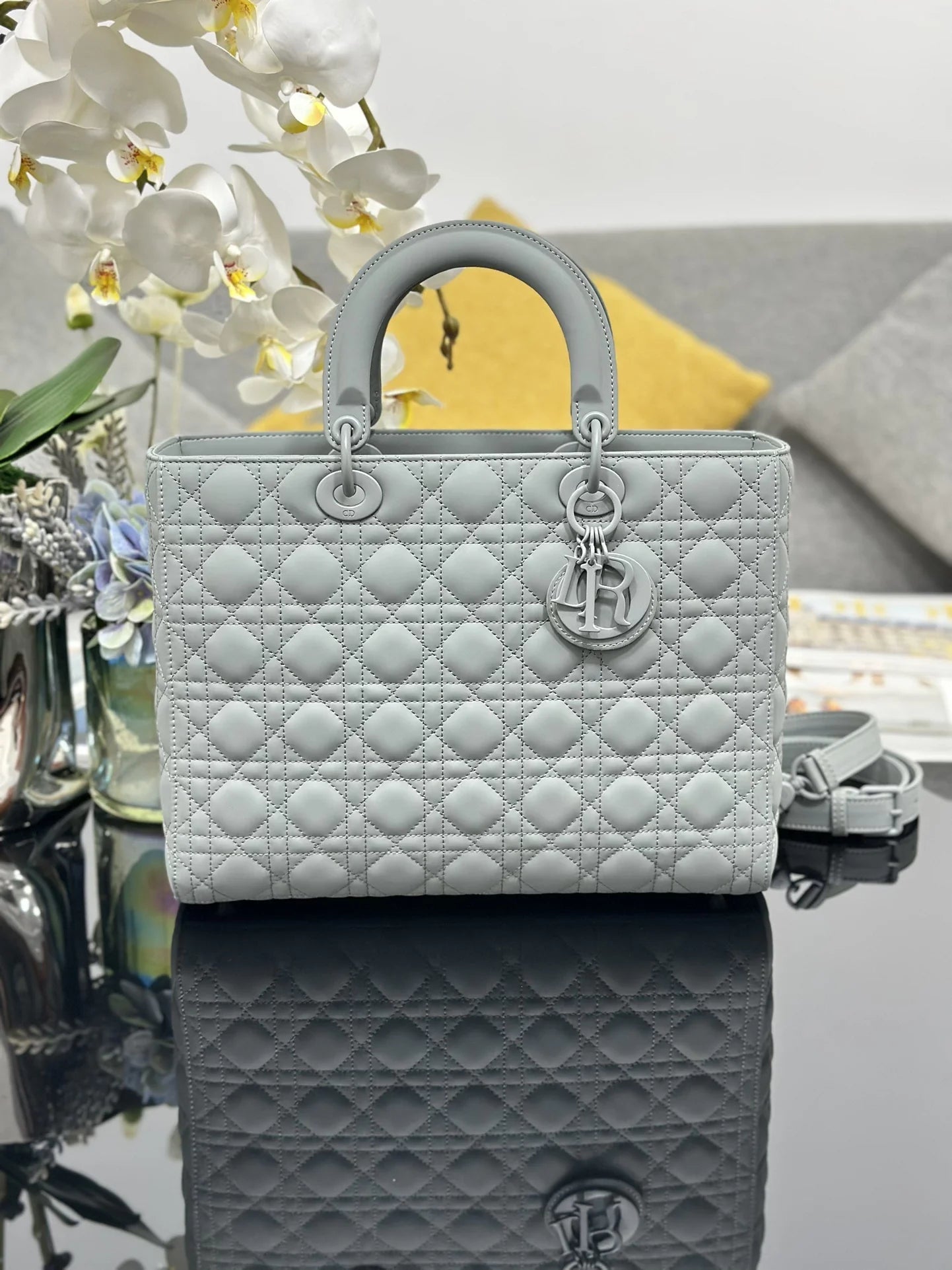 Large Lady Dior Bag M0566 Lambskin Gray - Default Title - View 1