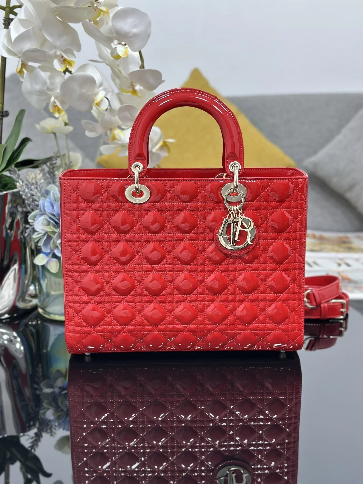 Large Lady Dior Bag M0566 Red Patent Gold Hardware - Default Title - View 1