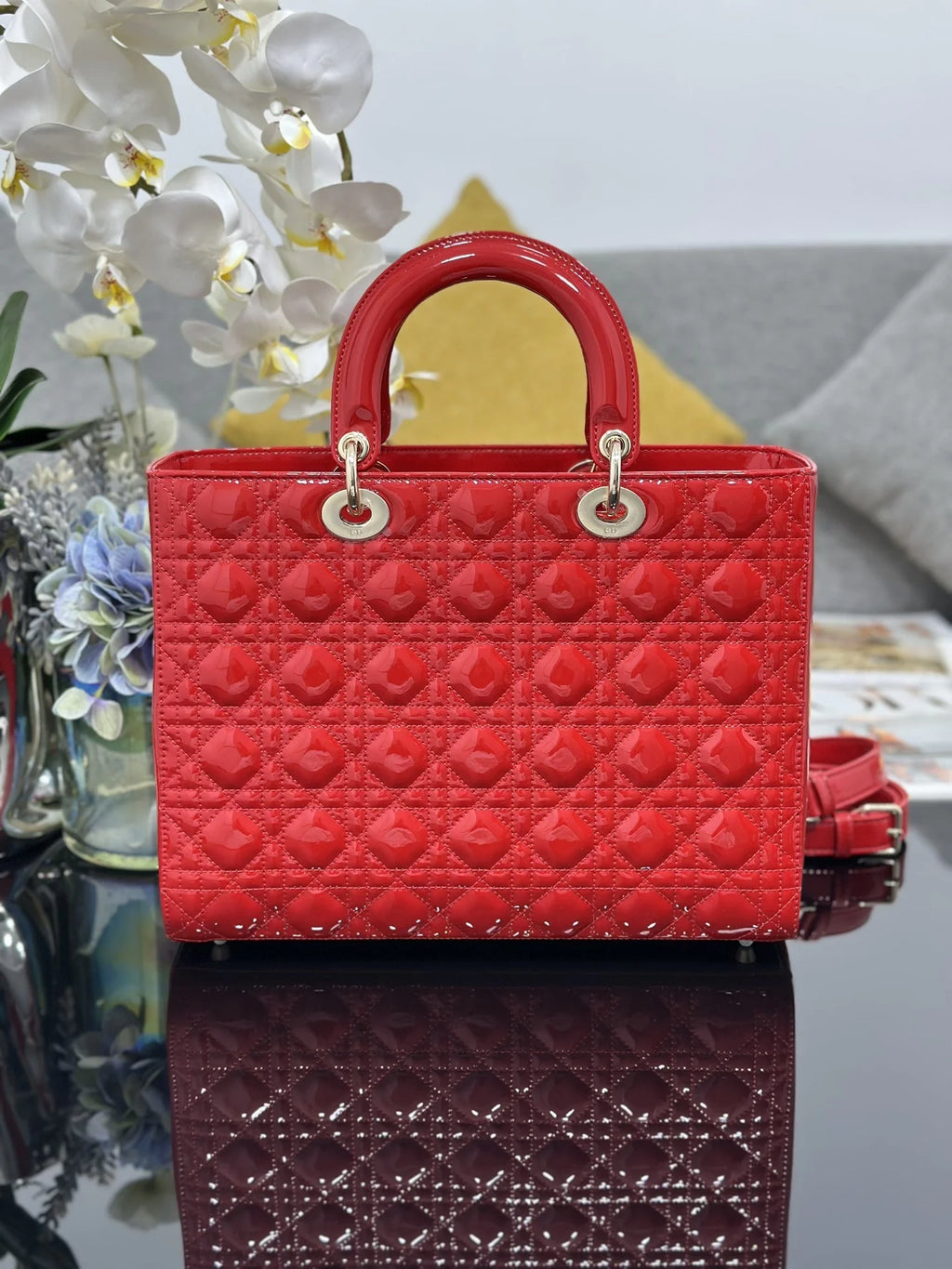 Large Lady Dior Bag M0566 Red Patent Gold Hardware - Default Title - View 3