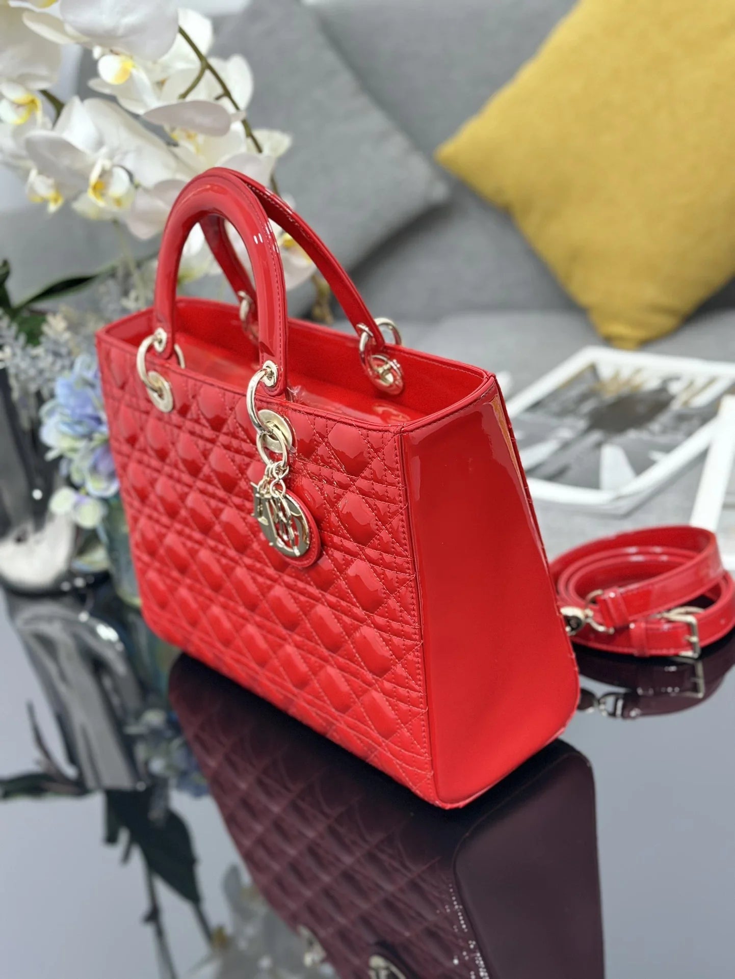 Large Lady Dior Bag M0566 Red Patent Gold Hardware - Default Title - View 4