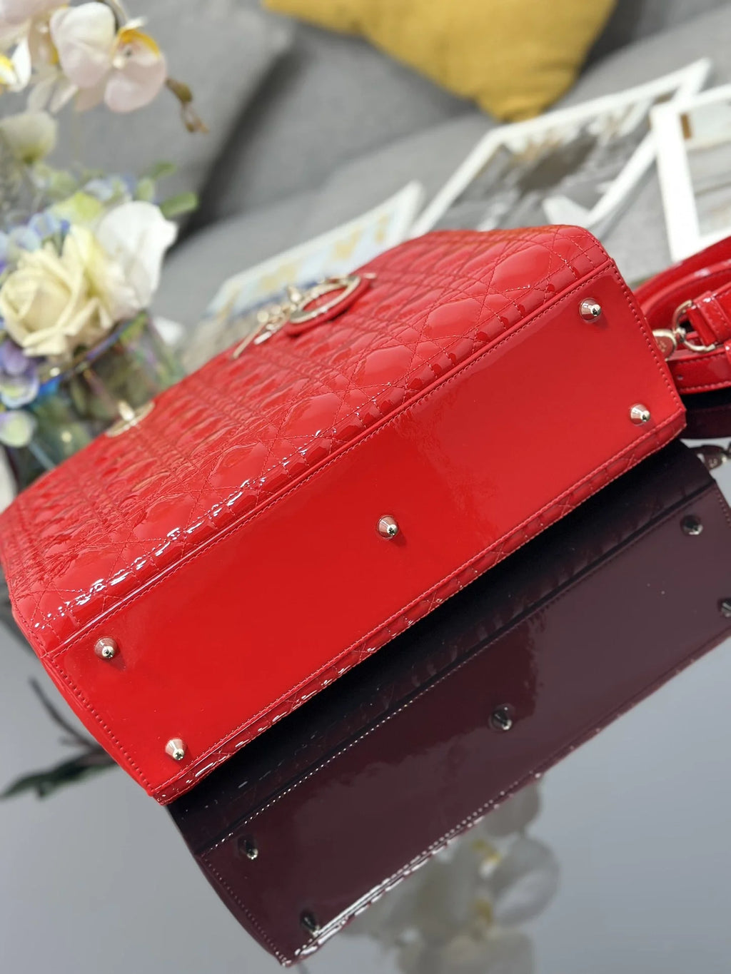Large Lady Dior Bag M0566 Red Patent Gold Hardware - Default Title - View 5