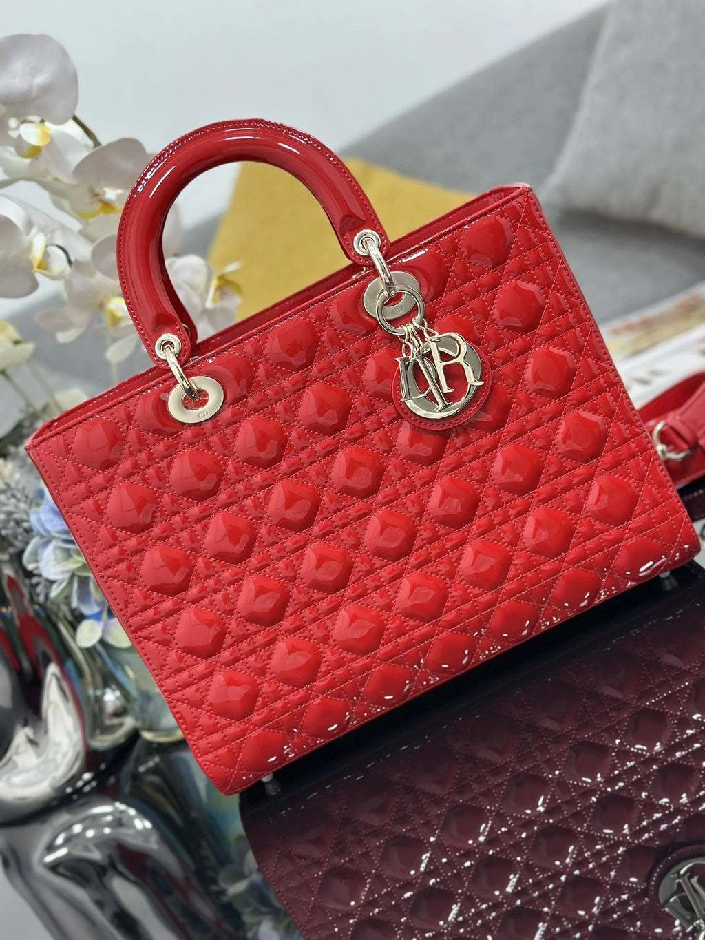 Large Lady Dior Bag M0566 Red Patent Gold Hardware - Default Title - View 2