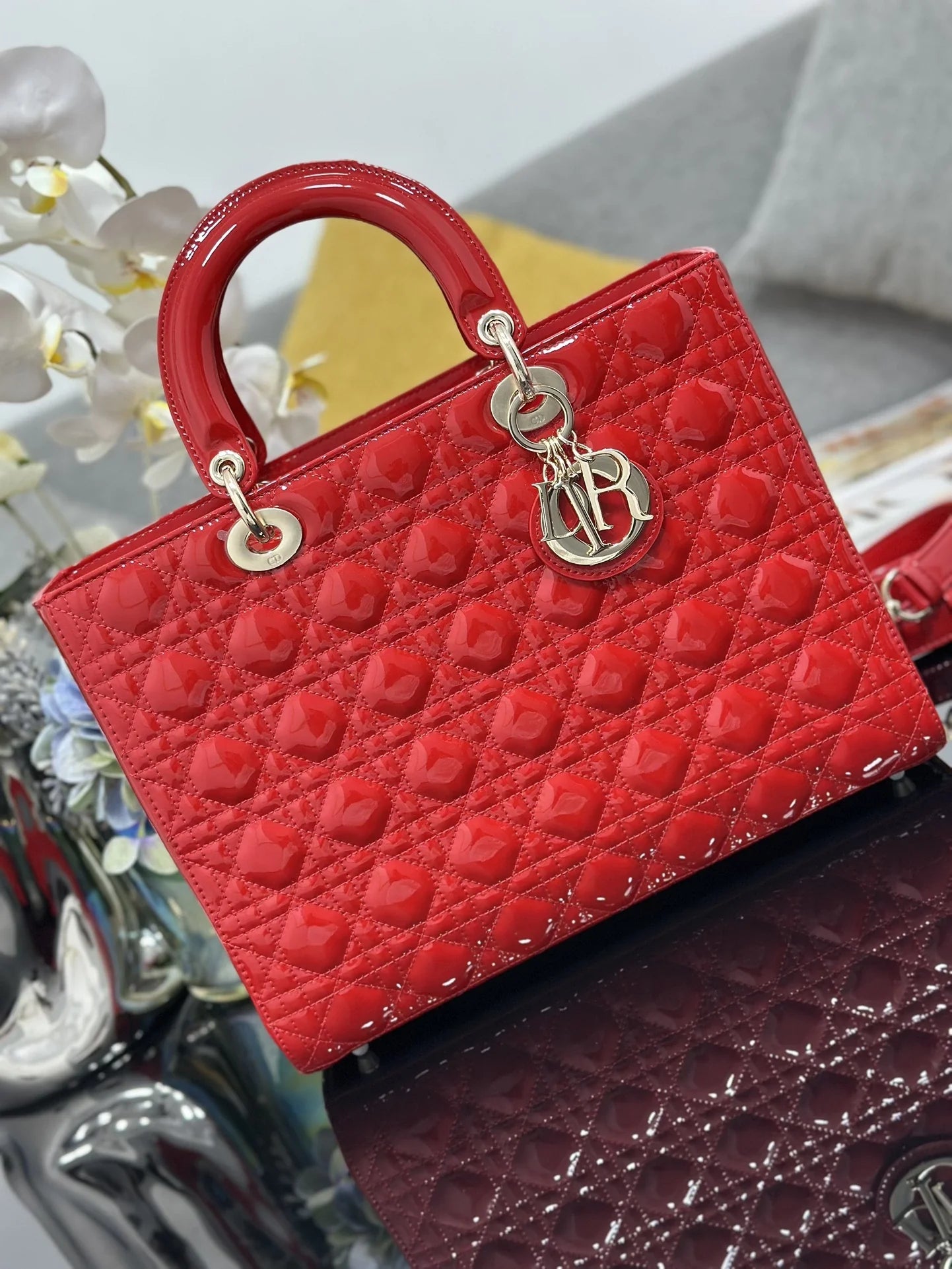 Large Lady Dior Bag M0566 Red Patent Gold Hardware - Default Title - View 2