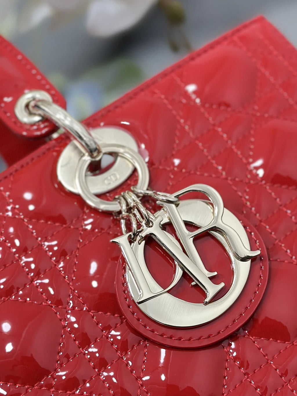 Large Lady Dior Bag M0566 Red Patent Gold Hardware - Default Title - View 6