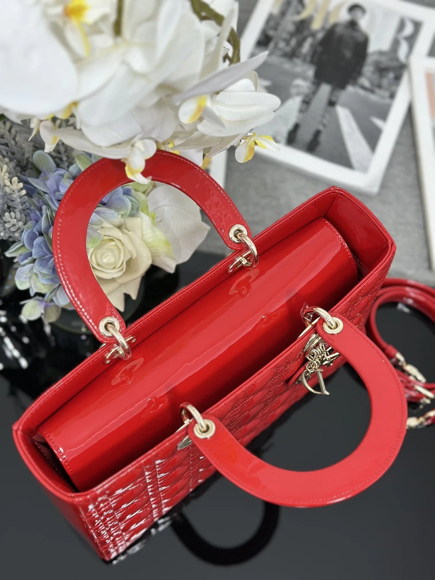Large Lady Dior Bag M0566 Red Patent Gold Hardware - Default Title - View 7