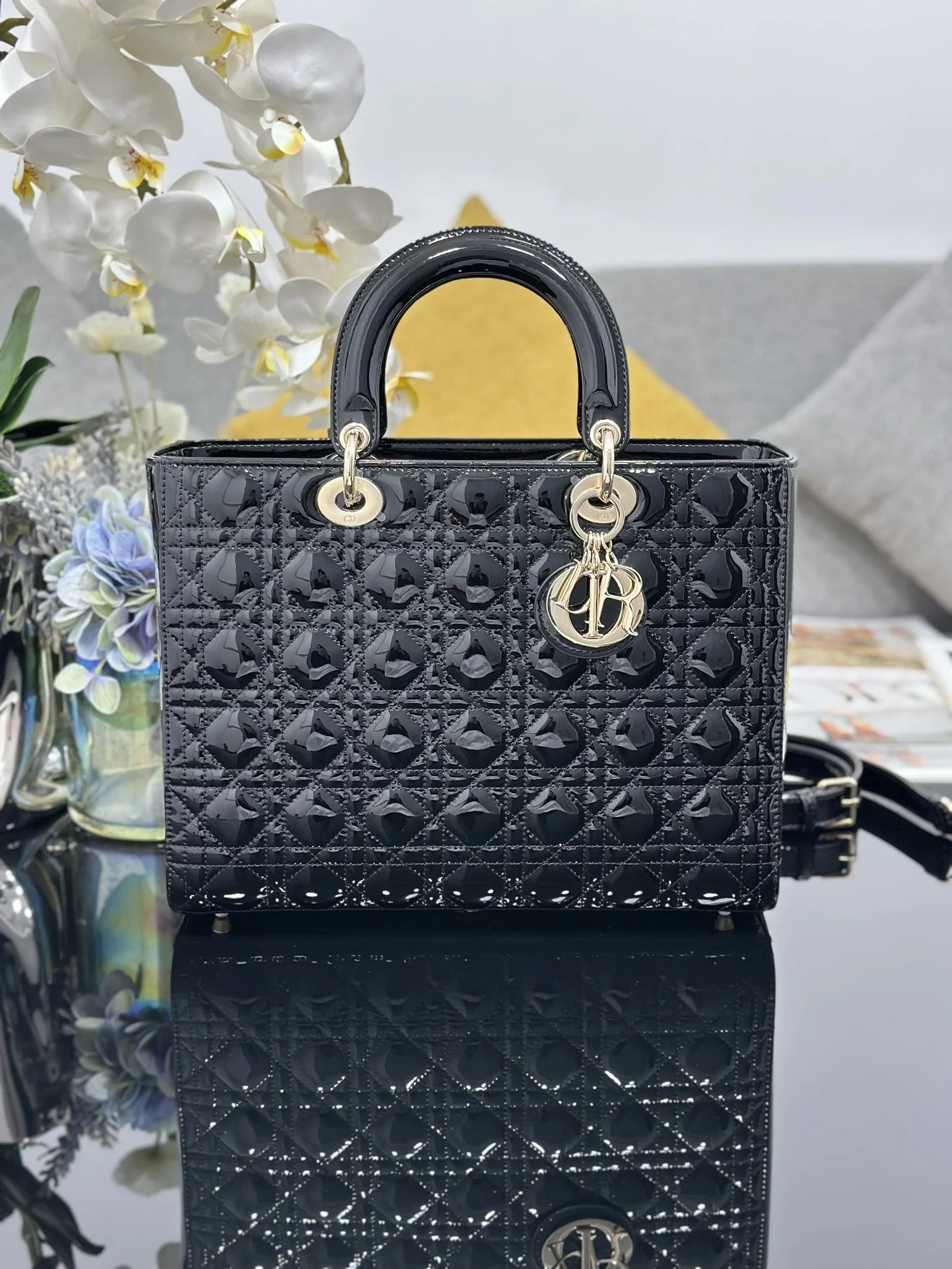 Large Lady Dior Bag M0566 Black Patent Gold Hardware - Default Title - View 1