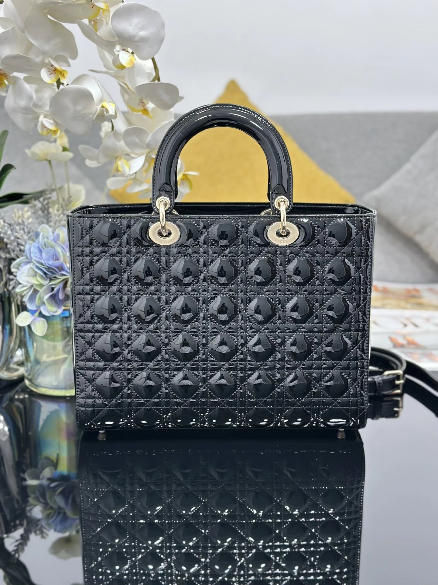 Large Lady Dior Bag M0566 Black Patent Gold Hardware - Default Title - View 3