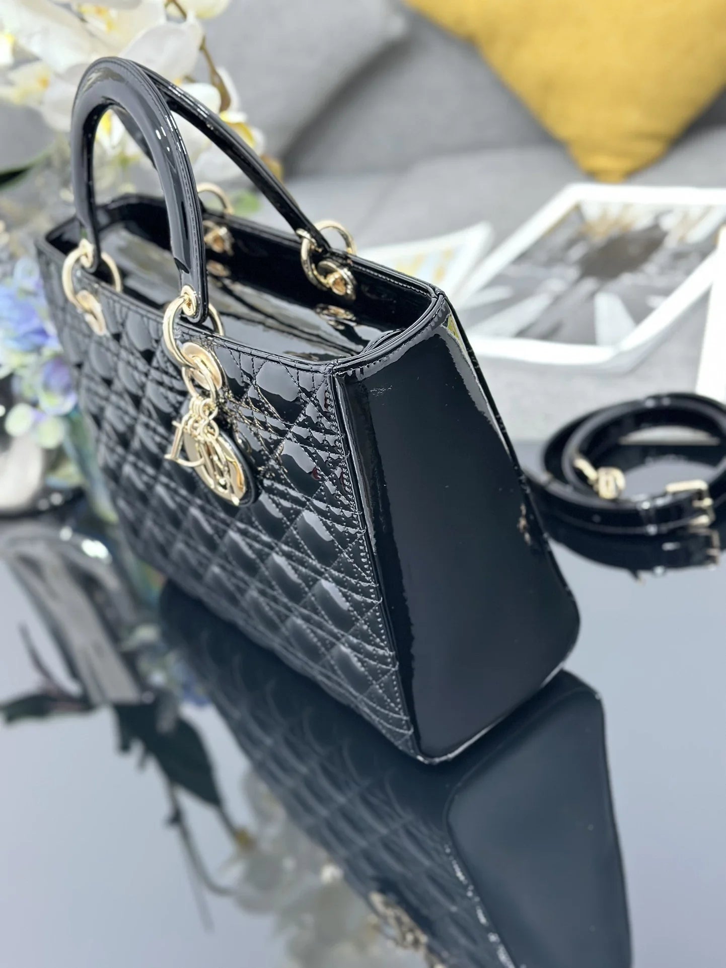 Large Lady Dior Bag M0566 Black Patent Gold Hardware - Default Title - View 4