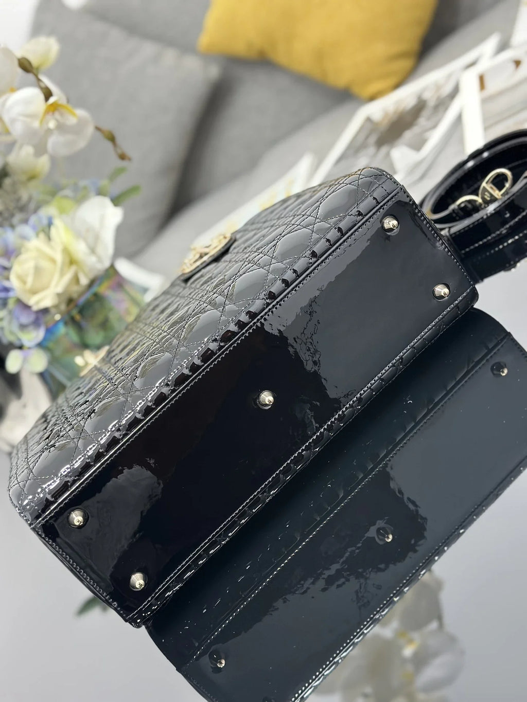 Large Lady Dior Bag M0566 Black Patent Gold Hardware - Default Title - View 5