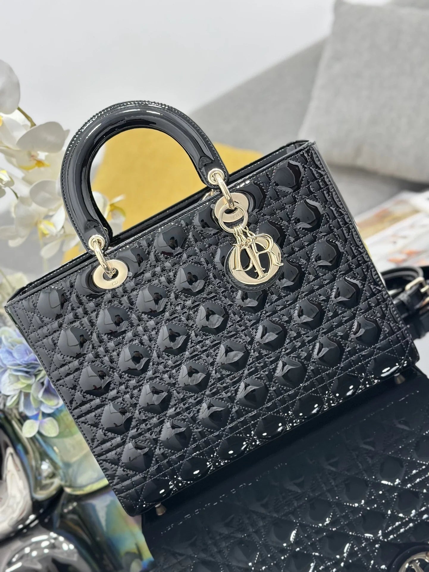 Large Lady Dior Bag M0566 Black Patent Gold Hardware - Default Title - View 2
