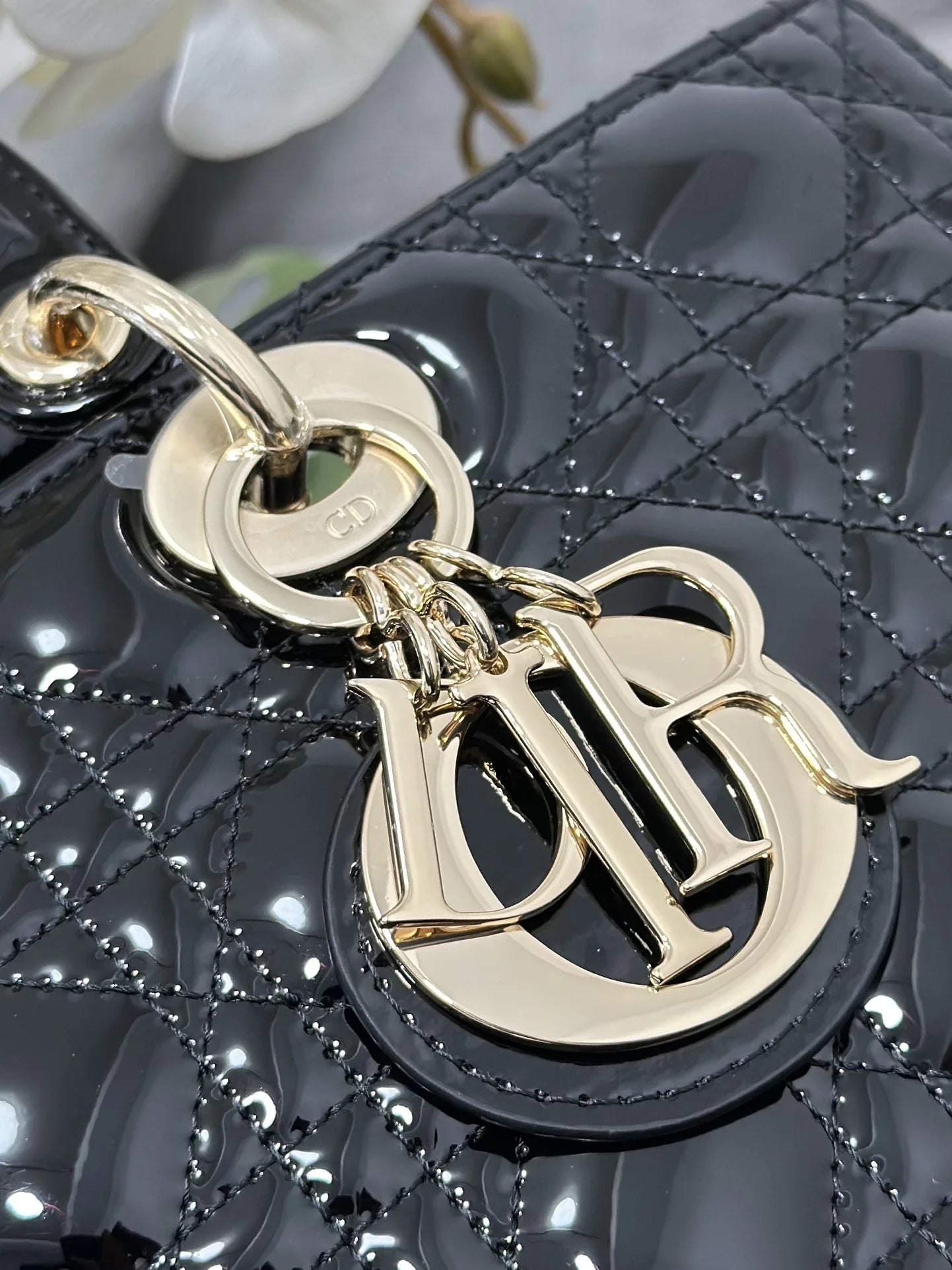 Large Lady Dior Bag M0566 Black Patent Gold Hardware - Default Title - View 6