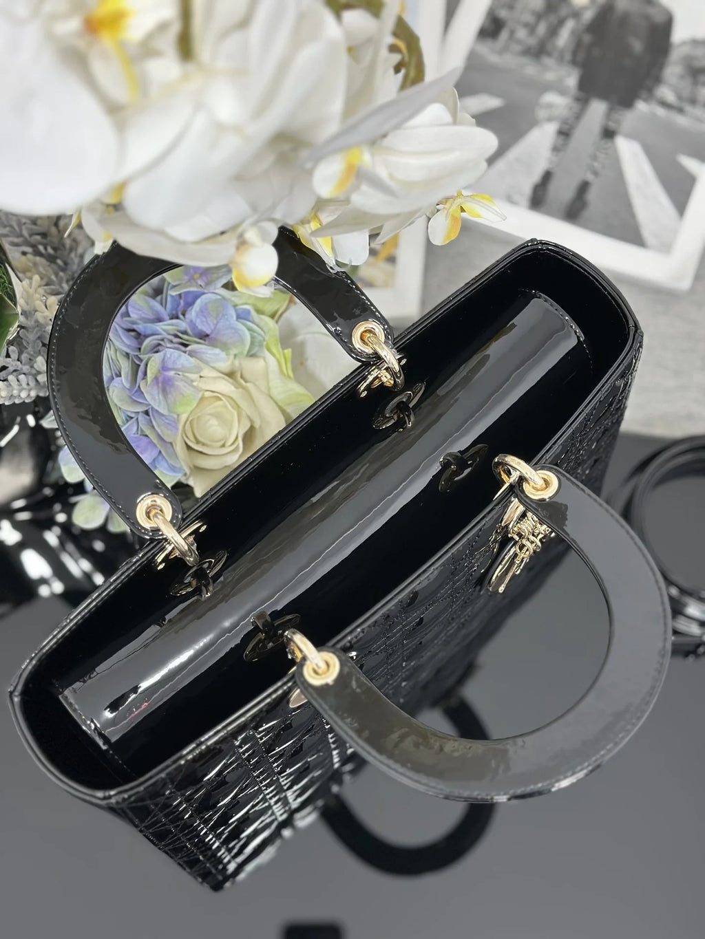 Large Lady Dior Bag M0566 Black Patent Gold Hardware - Default Title - View 7