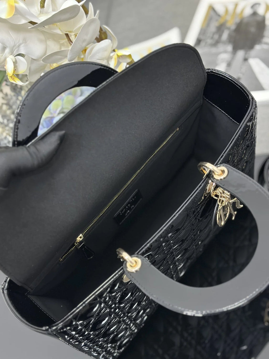Large Lady Dior Bag M0566 Black Patent Gold Hardware - Default Title - View 8