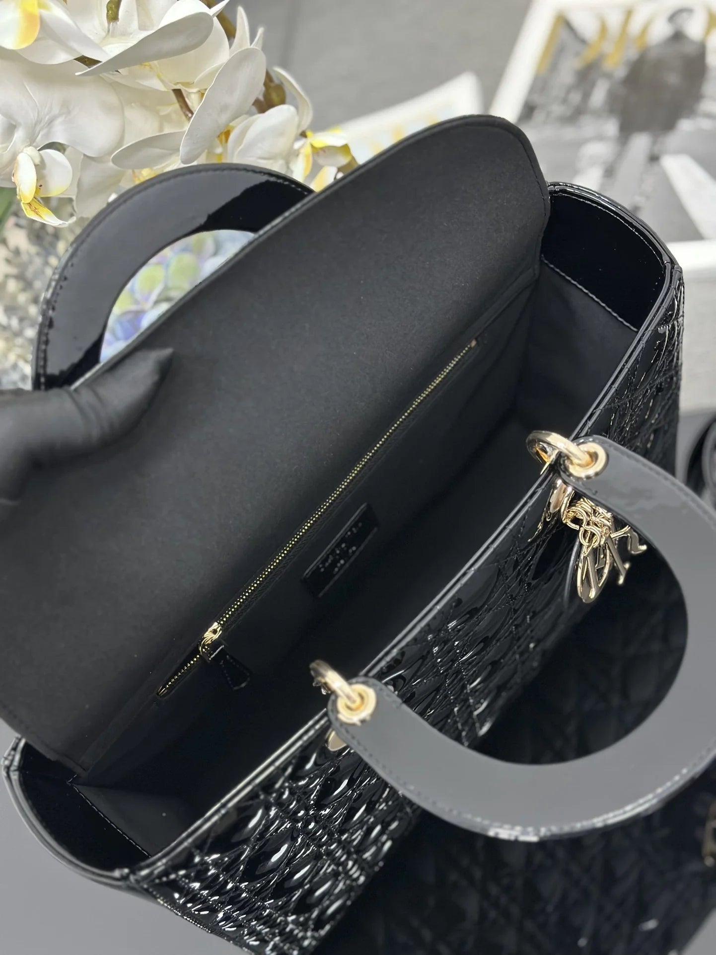 Large Lady Dior Bag M0566 Black Patent Gold Hardware - Default Title - View 8