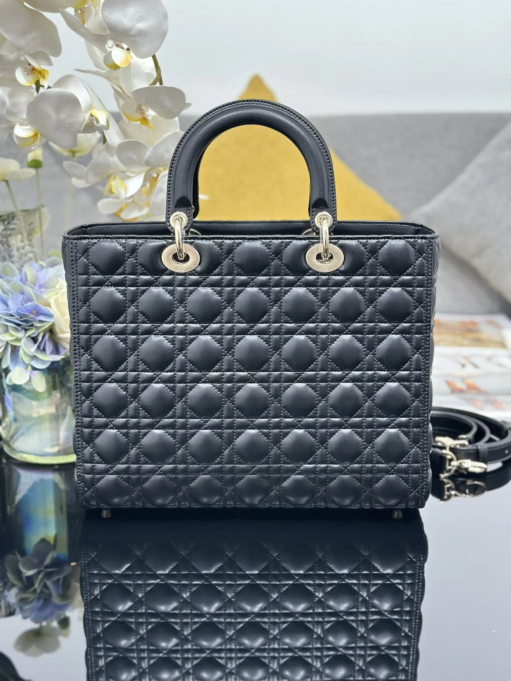 Large Lady Dior Bag M0566 Black Lambskin Gold Hardware - Default Title - View 3