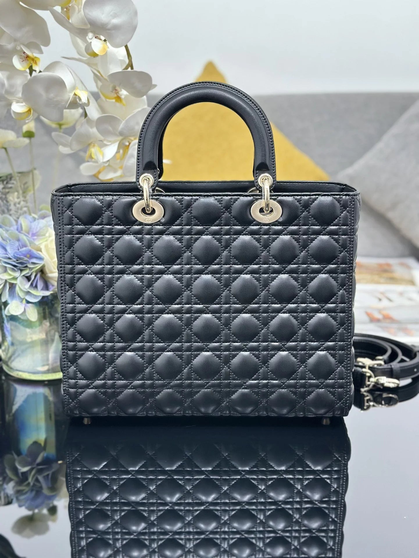 Large Lady Dior Bag M0566 Black Lambskin Gold Hardware - Default Title - View 3