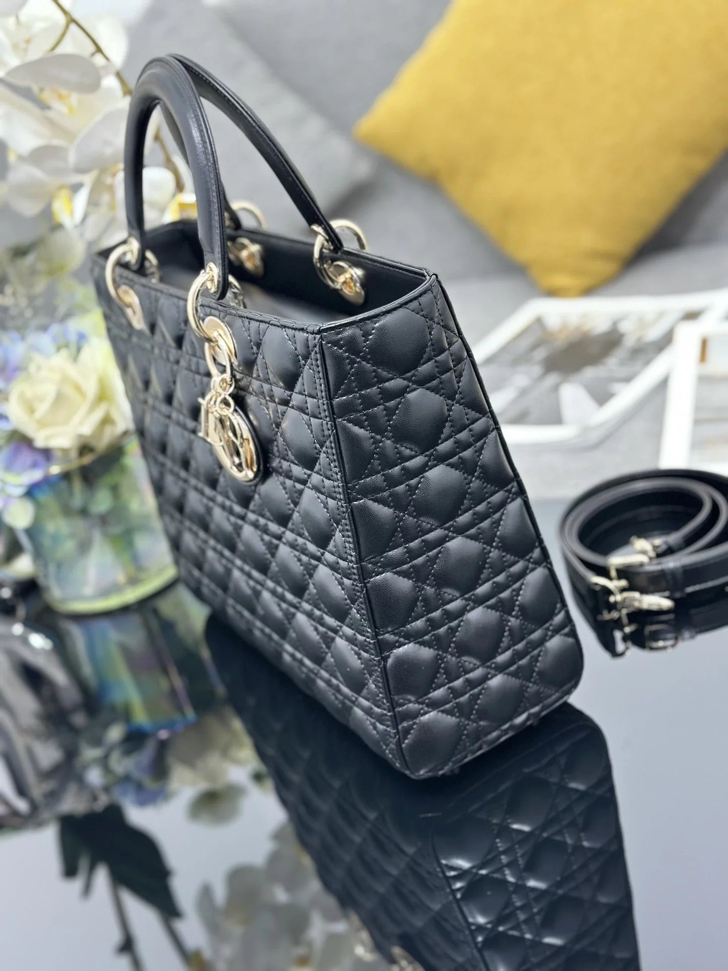 Large Lady Dior Bag M0566 Black Lambskin Gold Hardware - Default Title - View 4