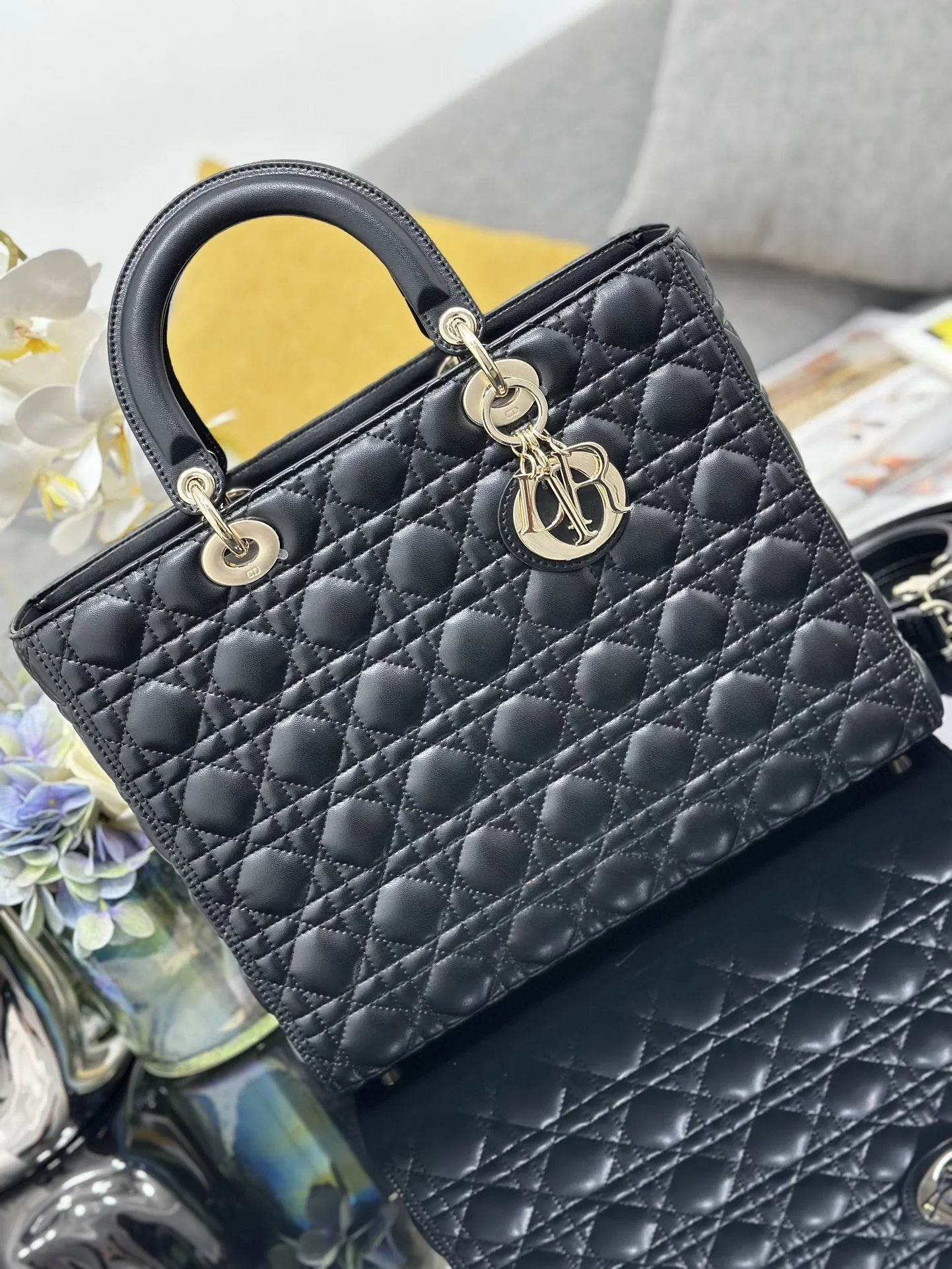 Large Lady Dior Bag M0566 Black Lambskin Gold Hardware - Default Title - View 2