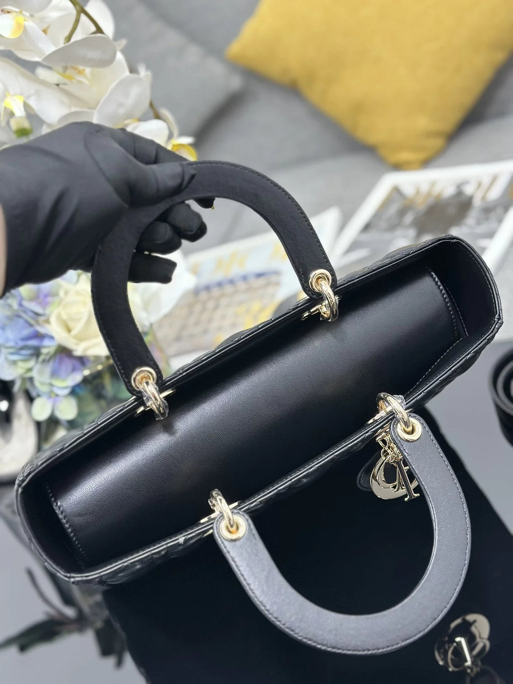 Large Lady Dior Bag M0566 Black Lambskin Gold Hardware - Default Title - View 7
