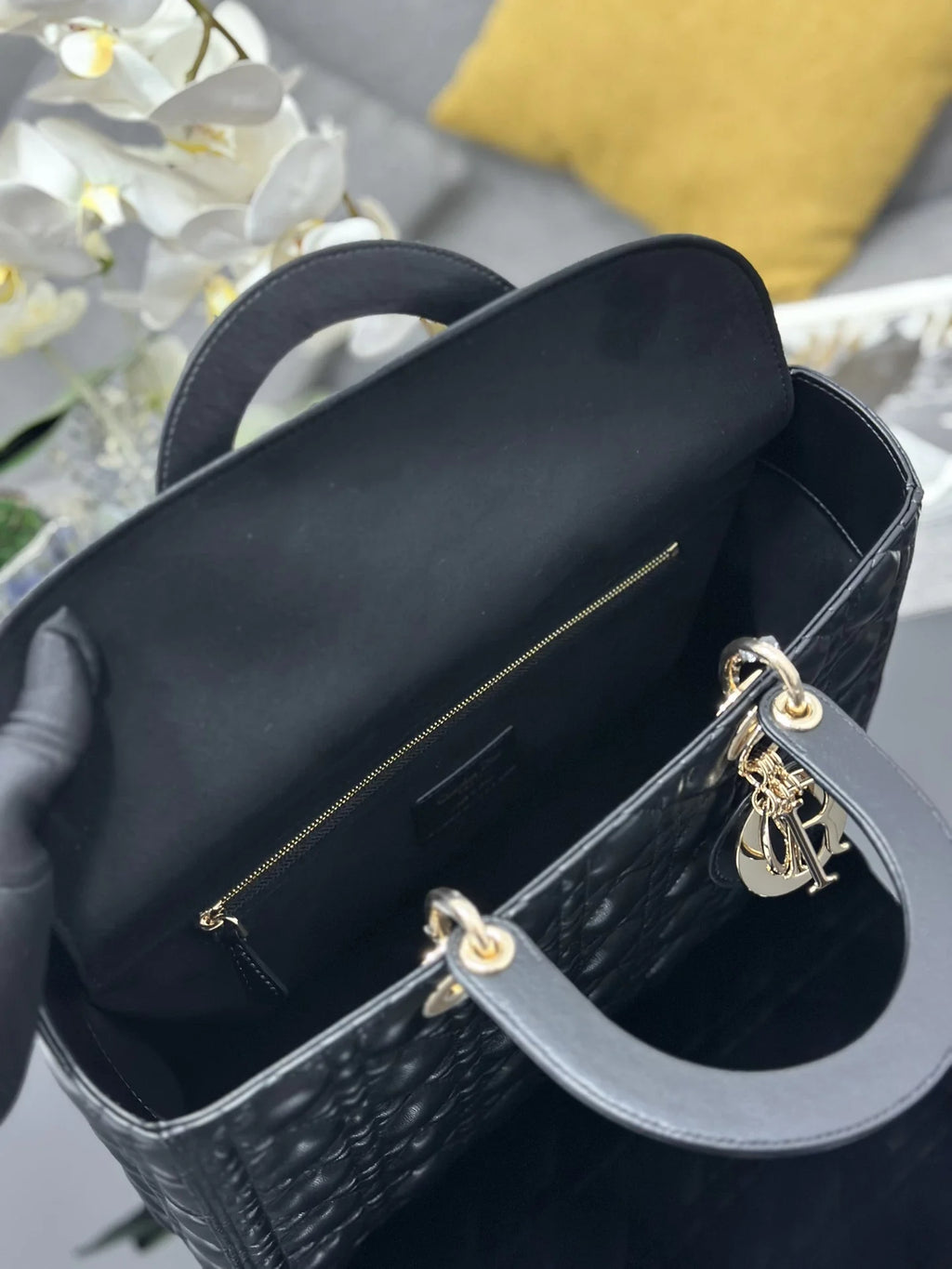 Large Lady Dior Bag M0566 Black Lambskin Gold Hardware - Default Title - View 8