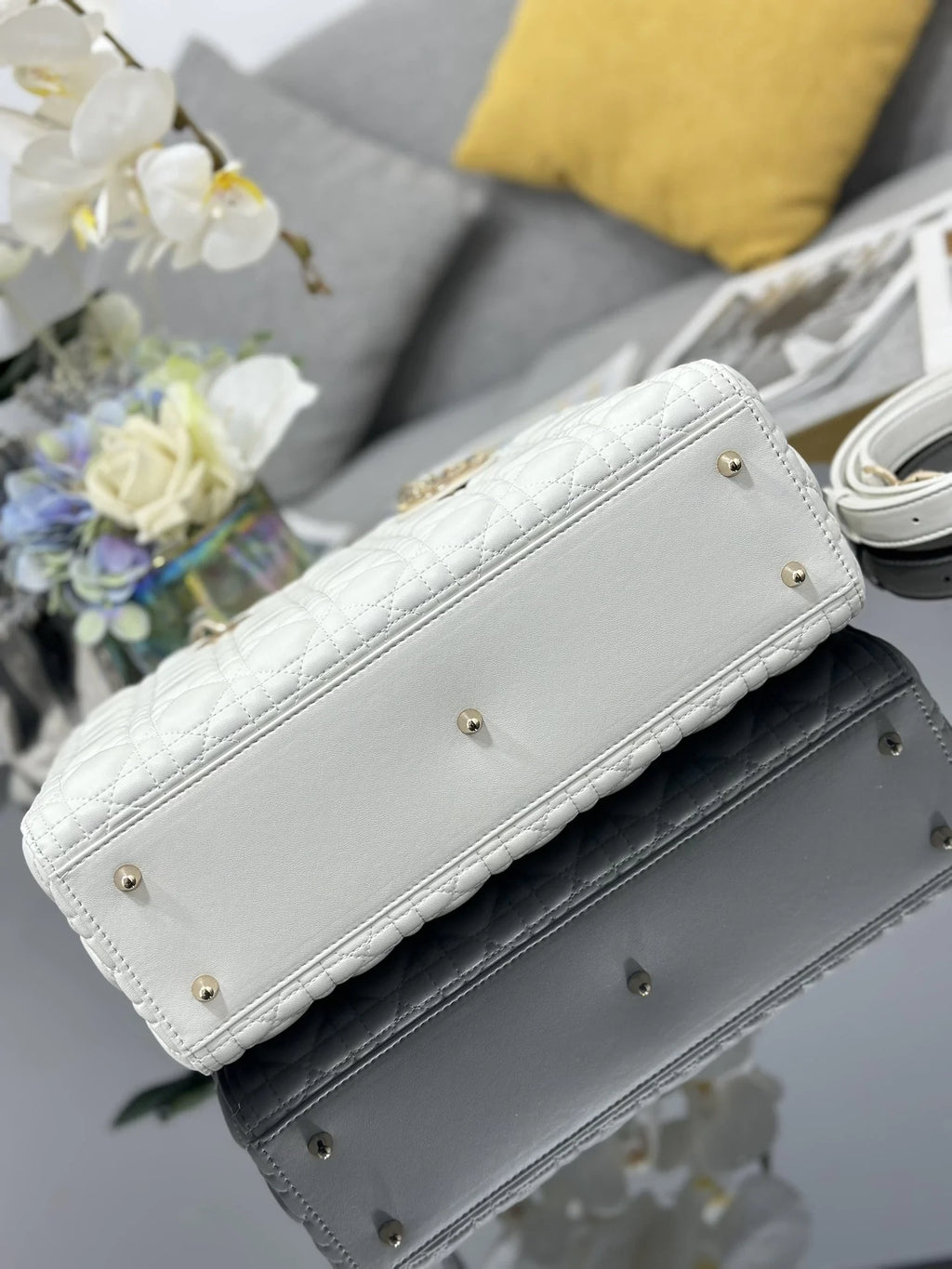 Large Lady Dior Bag M0566 White Lambskin Gold Hardware - Default Title - View 5