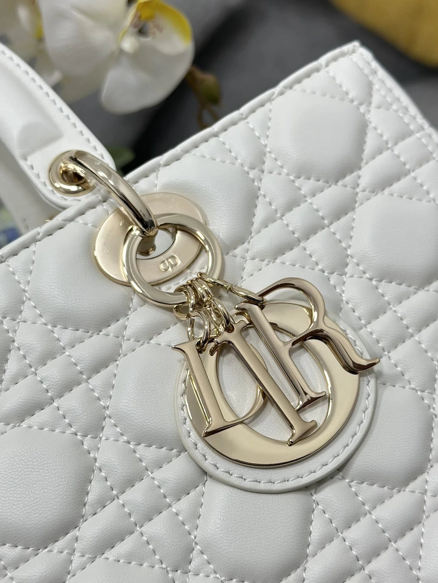 Large Lady Dior Bag M0566 White Lambskin Gold Hardware - Default Title - View 6
