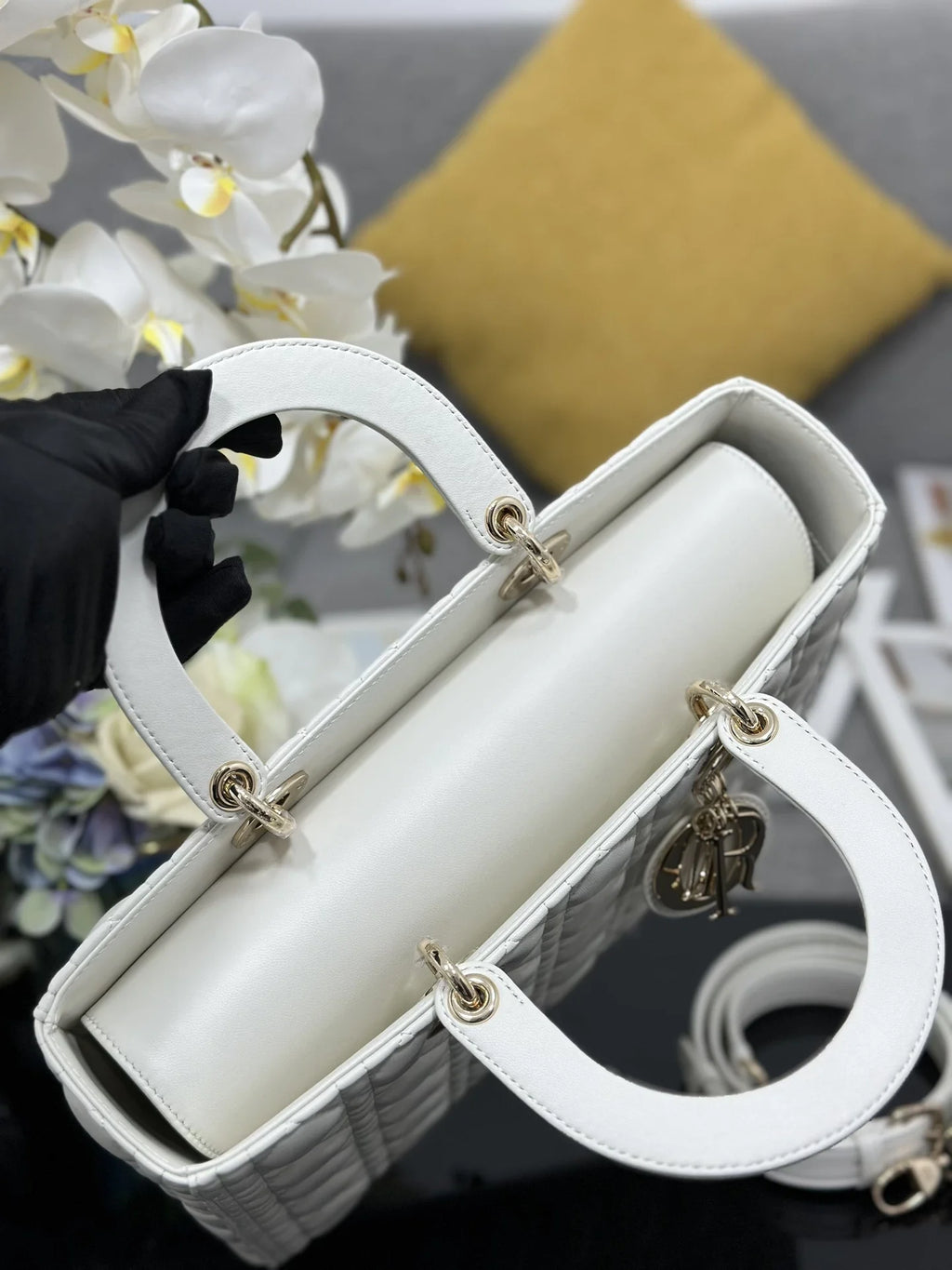 Large Lady Dior Bag M0566 White Lambskin Gold Hardware - Default Title - View 7