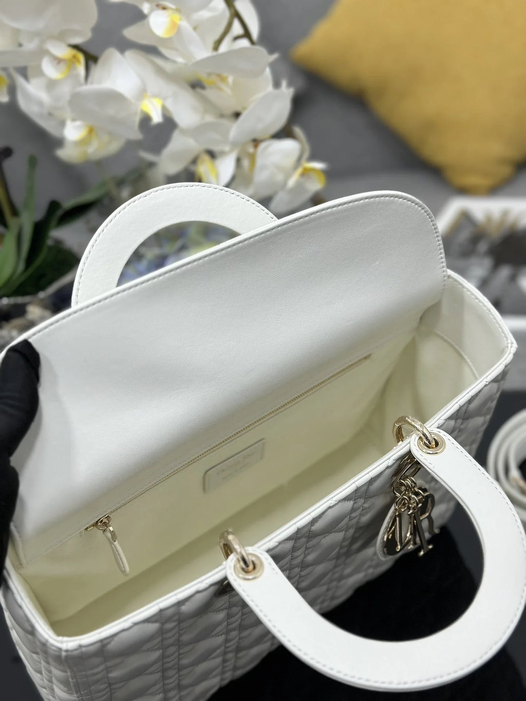 Large Lady Dior Bag M0566 White Lambskin Gold Hardware - Default Title - View 8