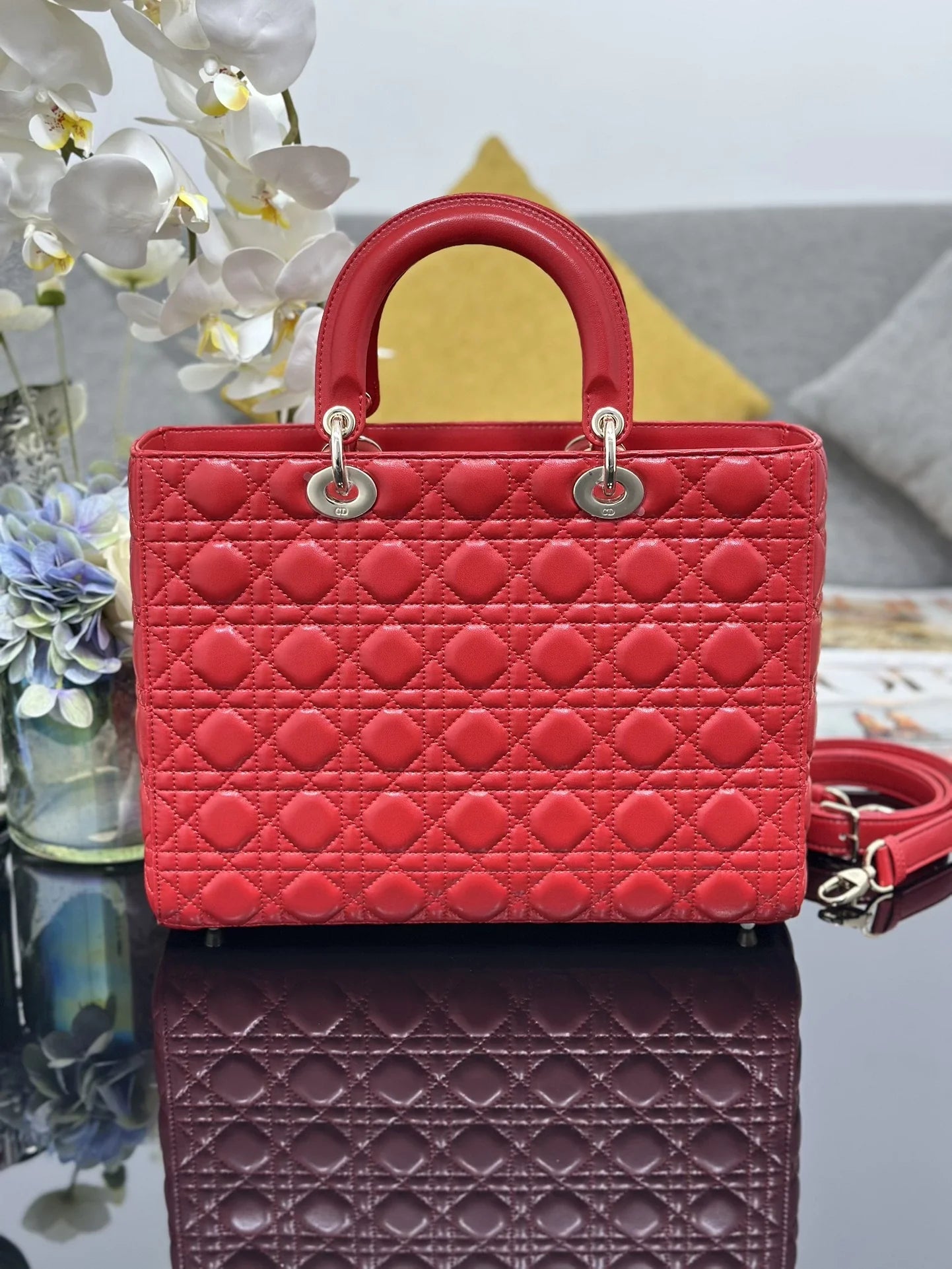 Large Lady Dior Bag M0566 Red Lambskin Gold Hardware - Default Title - View 2
