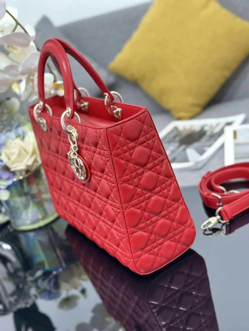 Large Lady Dior Bag M0566 Red Lambskin Gold Hardware - Default Title - View 3