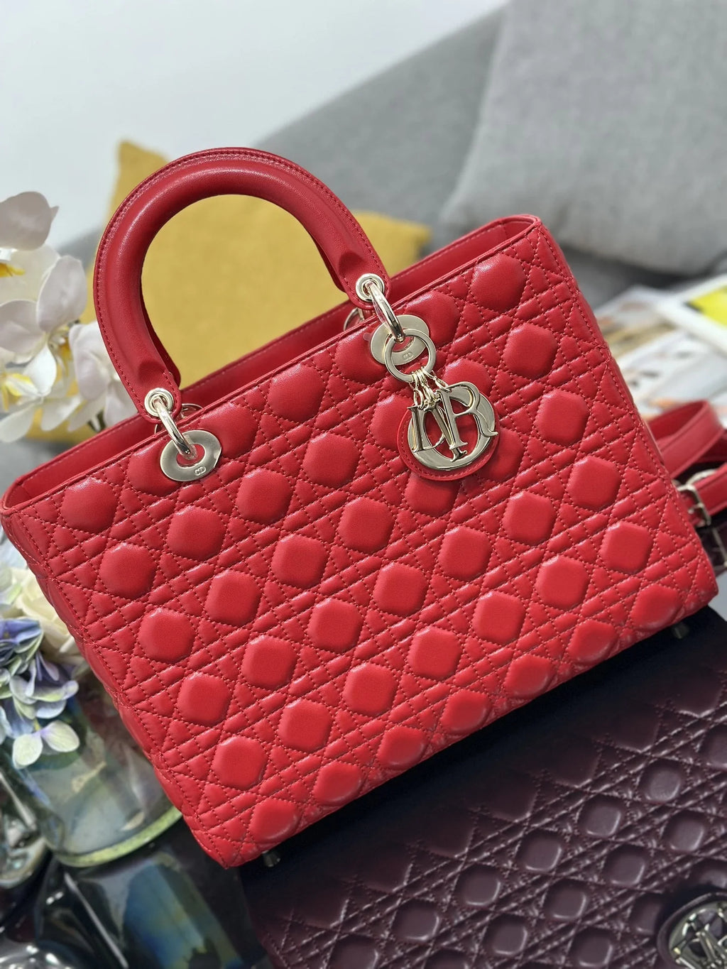Large Lady Dior Bag M0566 Red Lambskin Gold Hardware - Default Title - View 5