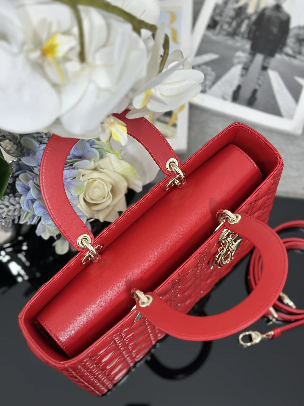 Large Lady Dior Bag M0566 Red Lambskin Gold Hardware - Default Title - View 7