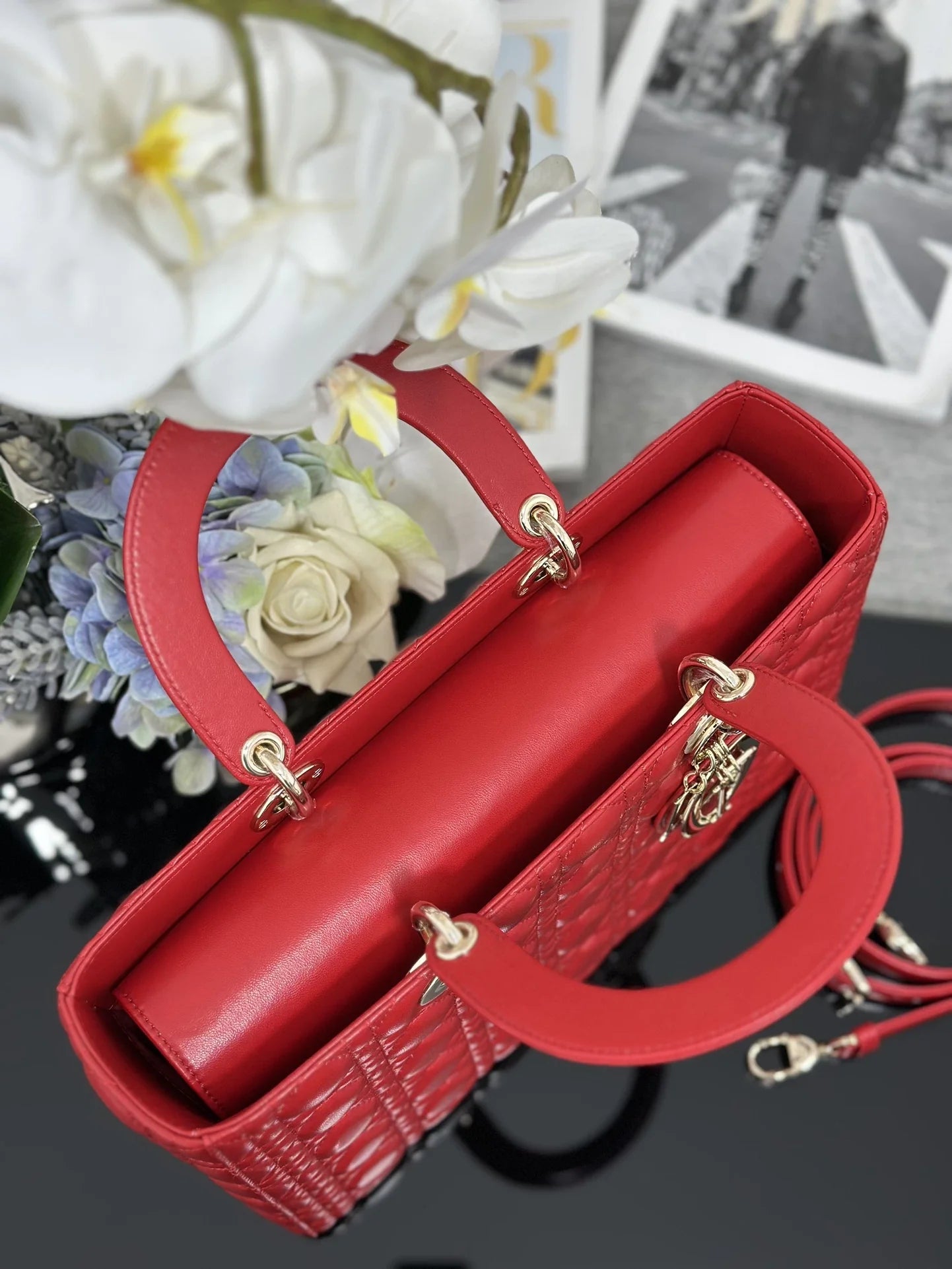 Large Lady Dior Bag M0566 Red Lambskin Gold Hardware - Default Title - View 7