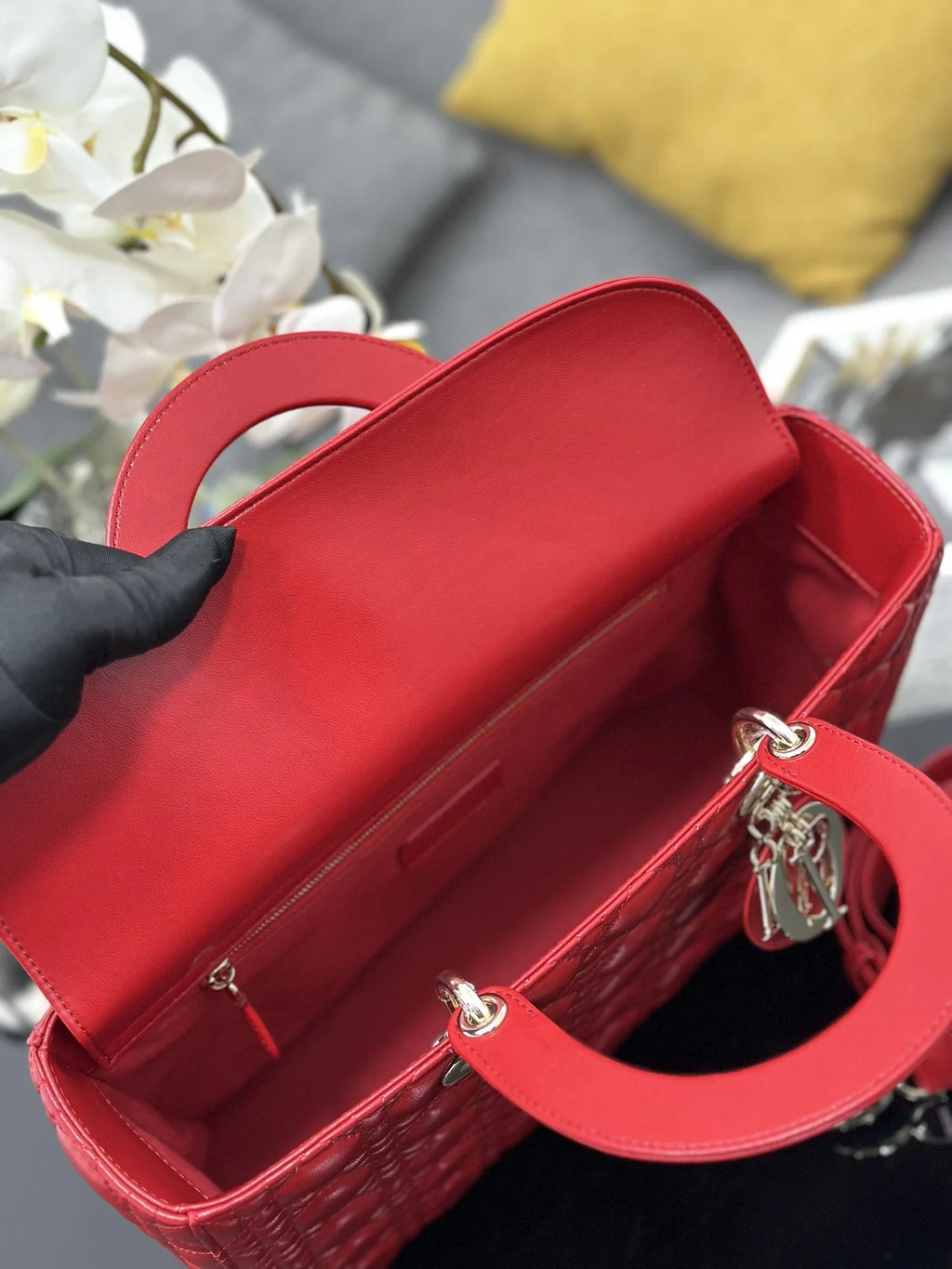 Large Lady Dior Bag M0566 Red Lambskin Gold Hardware - Default Title - View 8